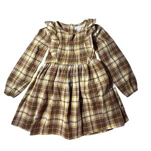 Nannette Kids Plaid Dress Girls Size 5 Brown Yellow New Smocked Ruffle Cotton